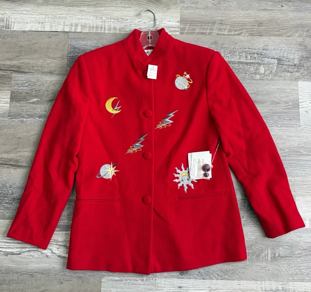 Vintage Focus 2000 Charles Glueck Red Wool Cashmere Celestial Blazer Sz 6 NWT